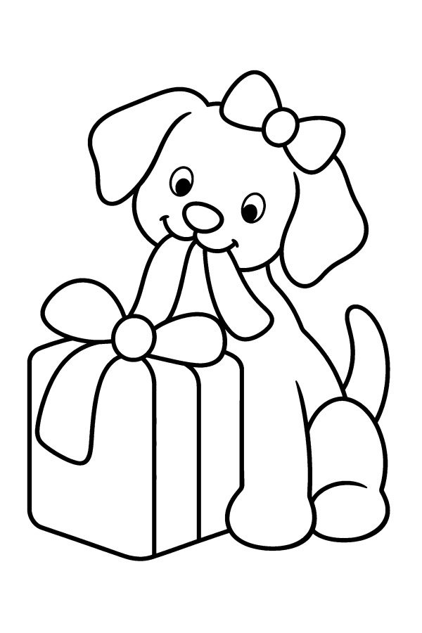 Dibujo de animales navideños para colorear: un perrito juega con la cinta de un regalo