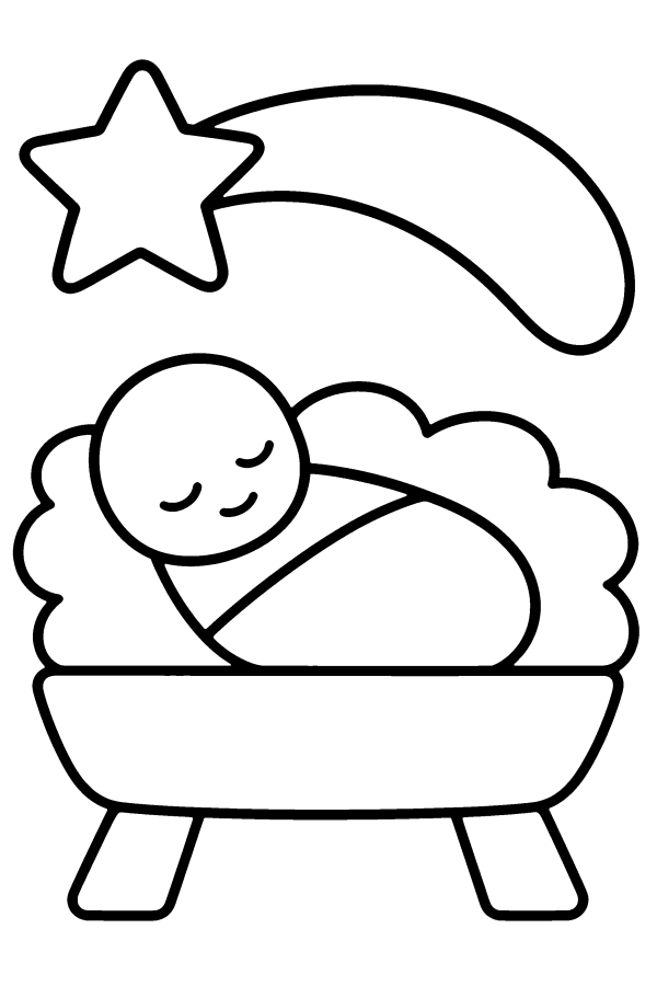 Dibujo del nacimiento para colorear: el pesebre con el Niño Jesús bajo la estrella