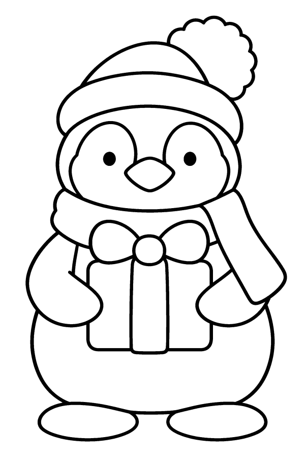 Dibujo de animales navideños para colorear: un pingüino con gorro y bufanda