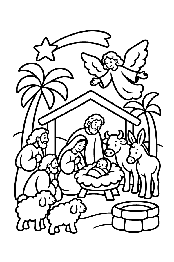 Dibujo del belén para colorear: el portal completo con pastores y animales