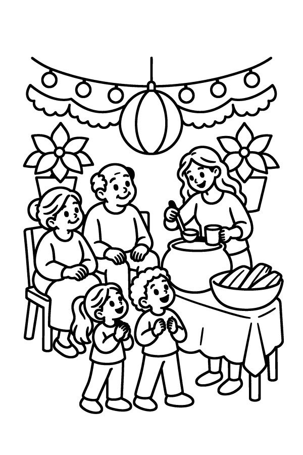 Dibujo de posadas para colorear: una fiesta en familia con piñata y ponche