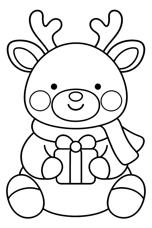 Dibujo navideño kawaii para colorear: un reno kawaii con bufanda