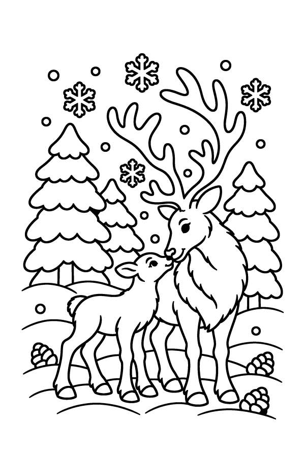 Dibujo de renos para colorear: una mamá y su cría en el bosque