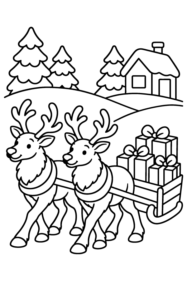 Dibujo de renos para colorear: dos tiran de un trineo con regalos