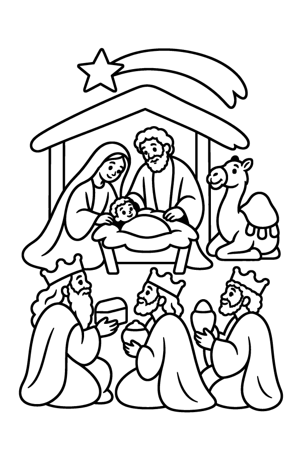 Dibujo del nacimiento para colorear: los Reyes Magos adoran al Niño Jesús