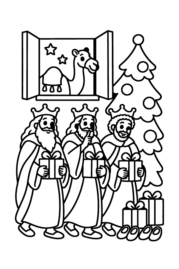 Dibujo de los Reyes Magos para colorear: los Reyes Magos dejan regalos junto a los zapatos