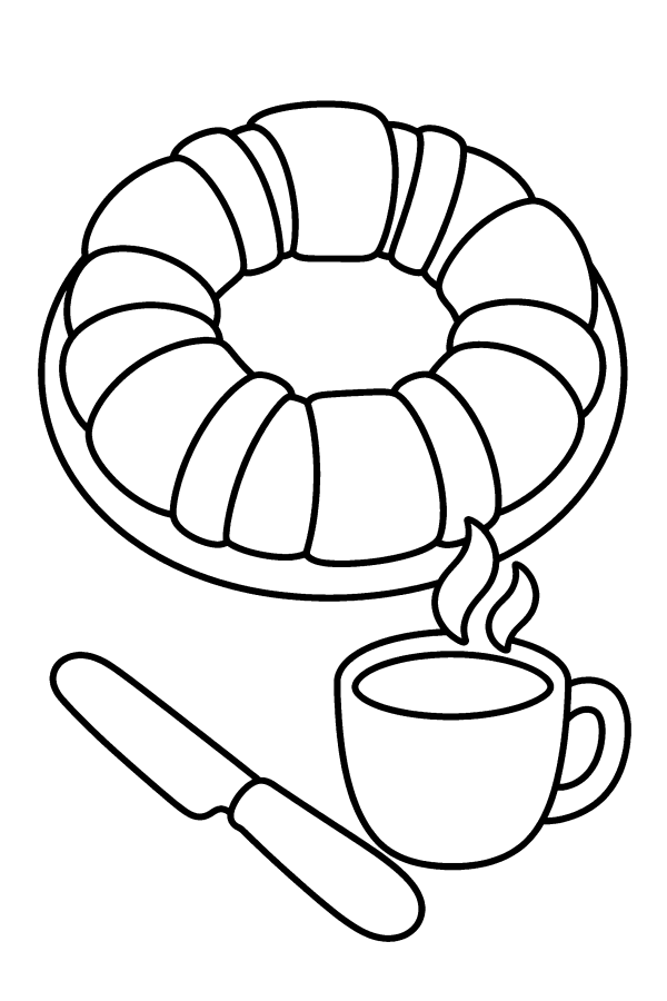 Dibujo de los Reyes Magos para colorear: una rosca de Reyes con una taza de chocolate