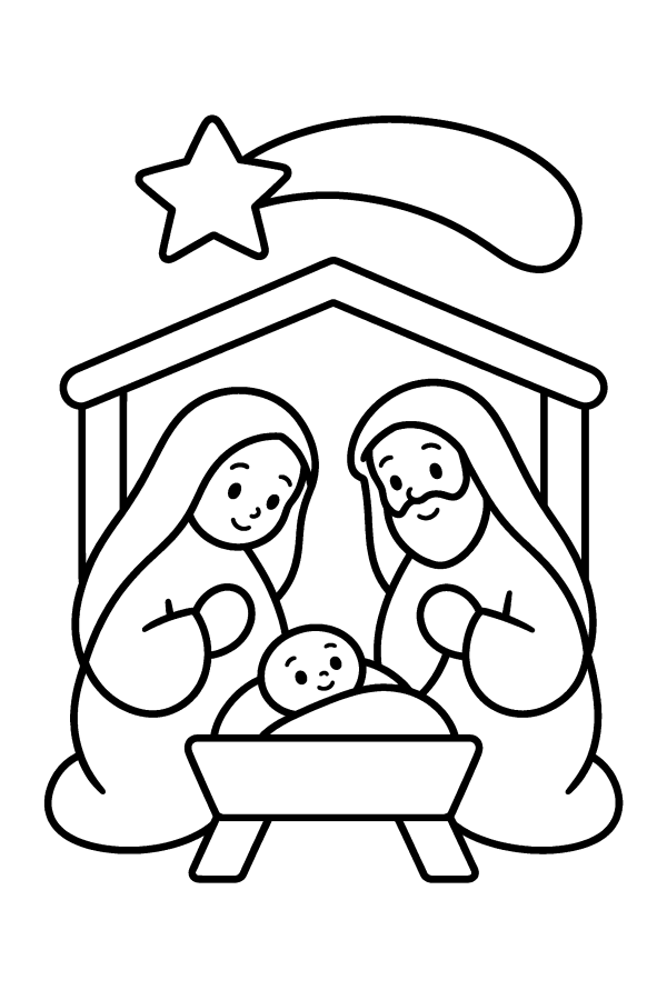 Dibujo del nacimiento para colorear: María, José y el Niño Jesús en el portal