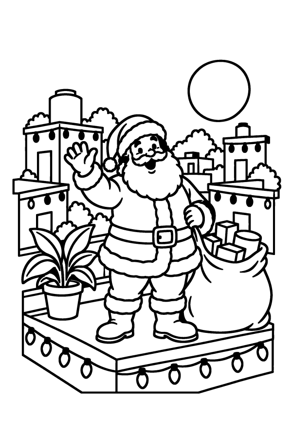 Dibujo de Santa Claus para colorear: en una azotea con luces de Navidad