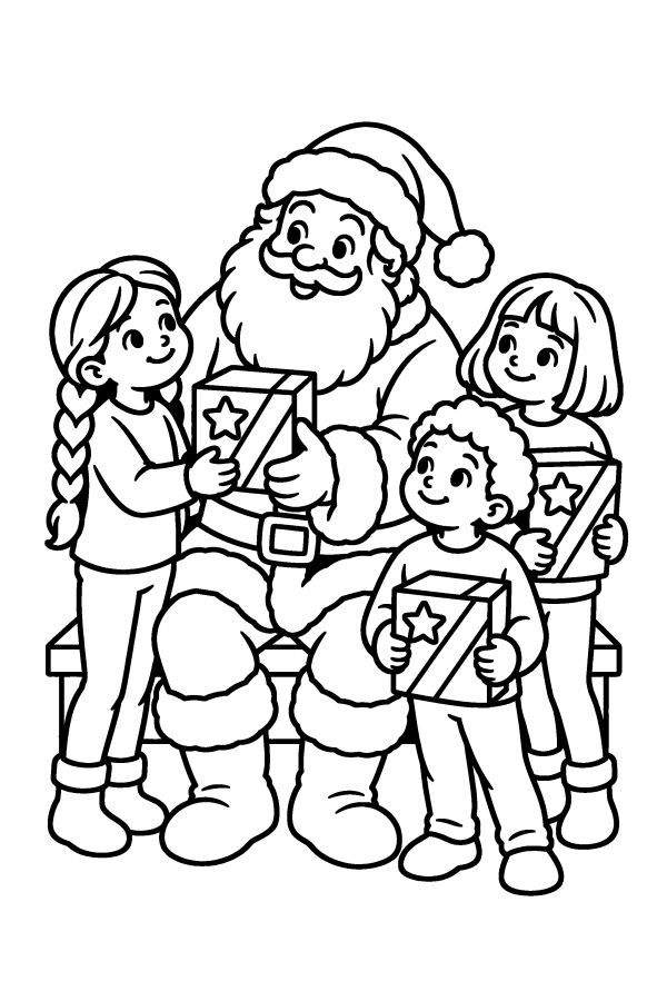 Dibujo de Santa Claus para colorear: reparte regalos a tres niños