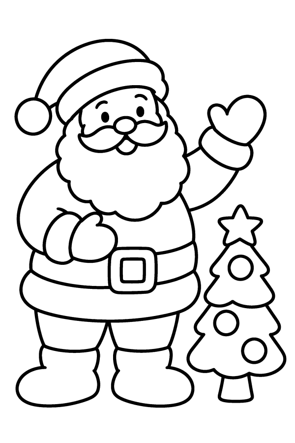 Dibujo de Santa Claus para colorear: saluda junto a un arbolito