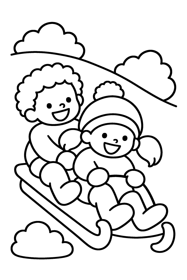 Dibujo navideño de invierno para colorear: dos niños bajan una colina en trineo