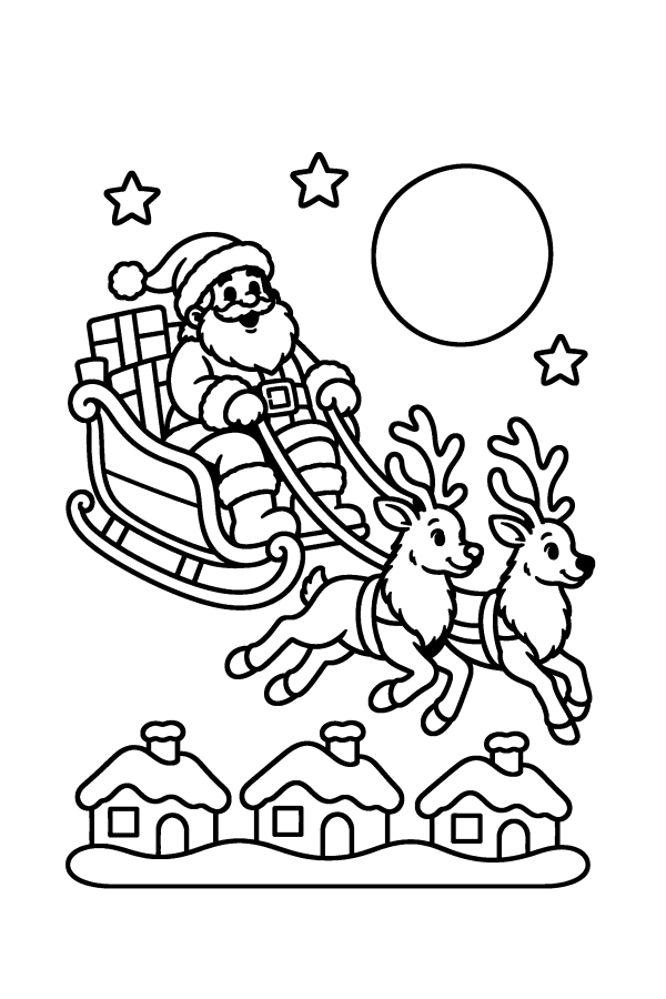 Dibujo de Santa Claus para colorear: vuela en su trineo con dos renos