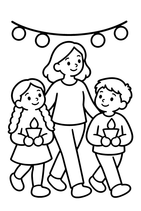Dibujo de posadas para colorear: niños caminan con velitas
