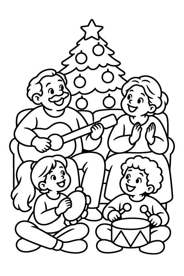 Dibujo de villancicos para colorear: una familia canta en casa con guitarra