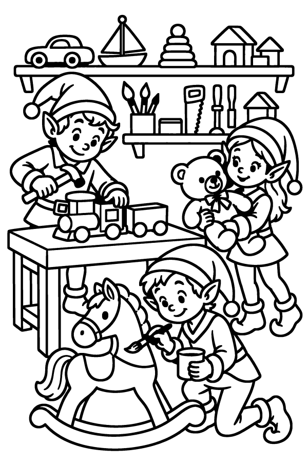 Coloriage de Noël : les lutins fabriquent des jouets dans l’atelier