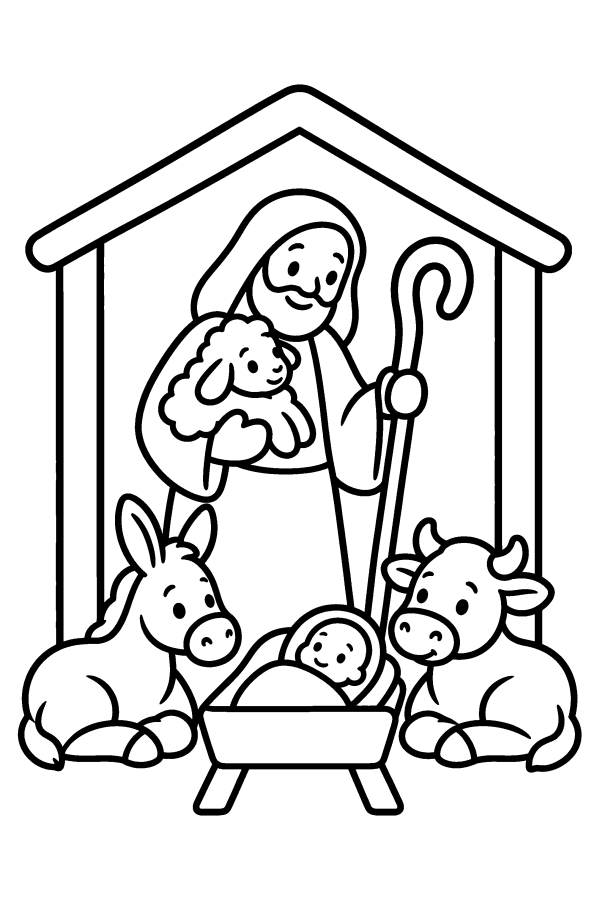Coloriage de Noël facile : un berger avec un agneau, l’âne et le bœuf à la crèche
