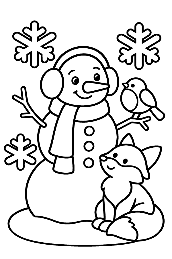 Coloriage de Noël facile : un bonhomme de neige, un rouge-gorge et un renard