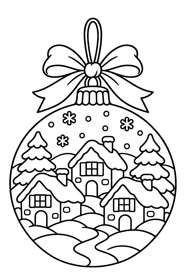 Coloriage de Noël : une boule de Noël avec un village sous la neige