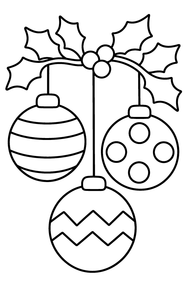 Coloriage de Noël facile : trois boules de Noël sur une branche de houx