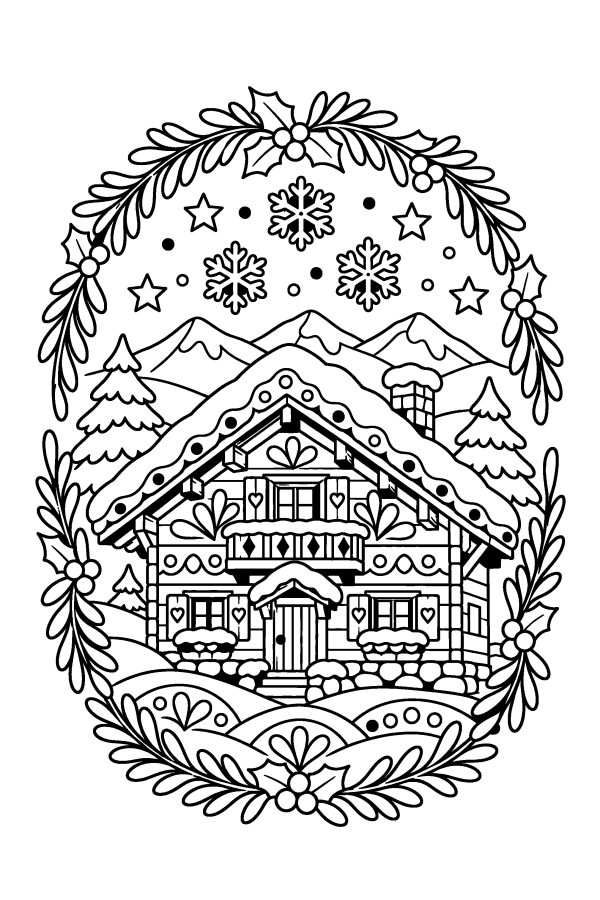 Coloriage de Noël difficile : un chalet sous la neige à motifs zen