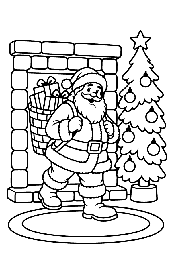 Coloriage de Noël : le Père Noël sort de la cheminée avec sa hotte