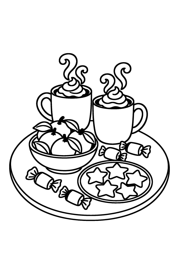 Coloriage de Noël : du chocolat chaud et des clémentines