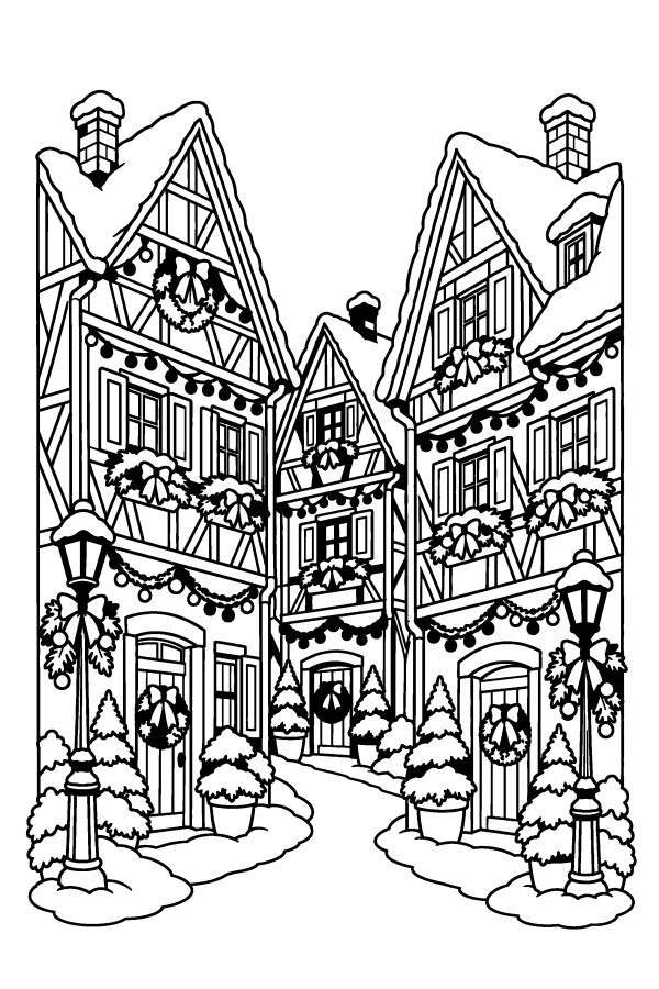 Coloriage de Noël difficile : une rue de maisons à colombages décorées pour Noël