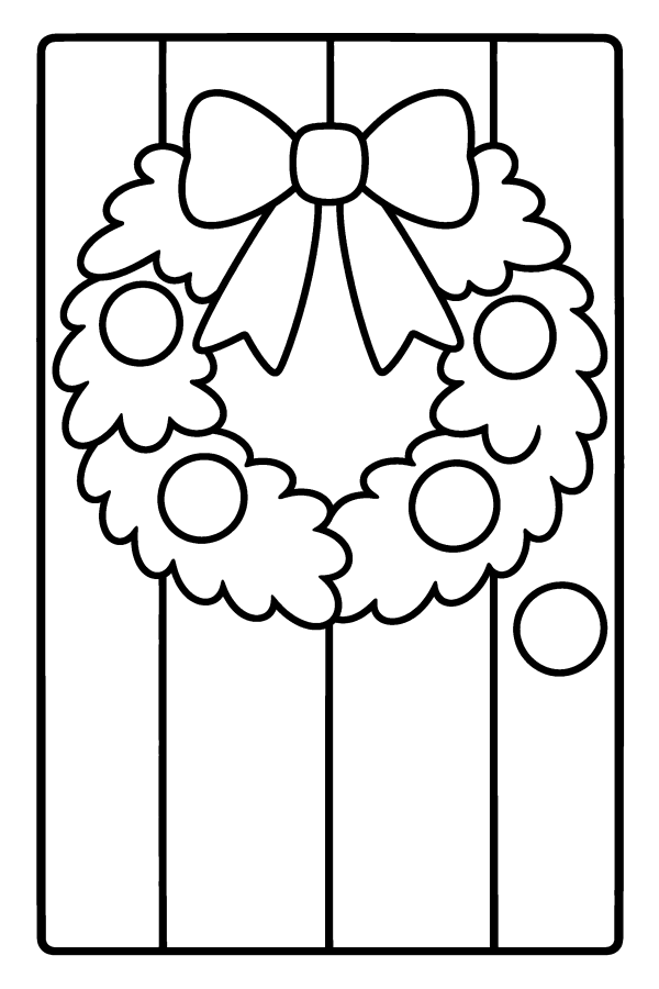 Coloriage de Noël facile : une couronne de Noël sur une porte