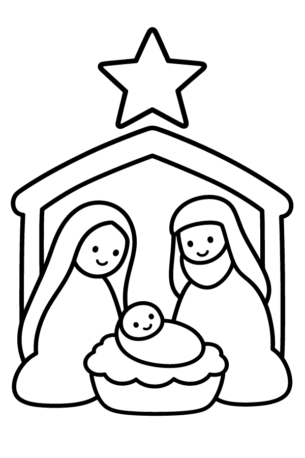 Coloriage de Noël facile : la crèche avec Marie, Joseph et l’enfant Jésus