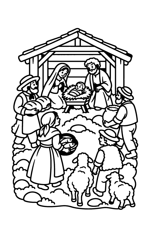 Coloriage de Noël : une crèche provençale avec des santons