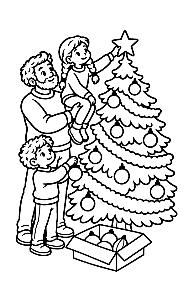 Coloriage de Noël : une famille décore le sapin de Noël