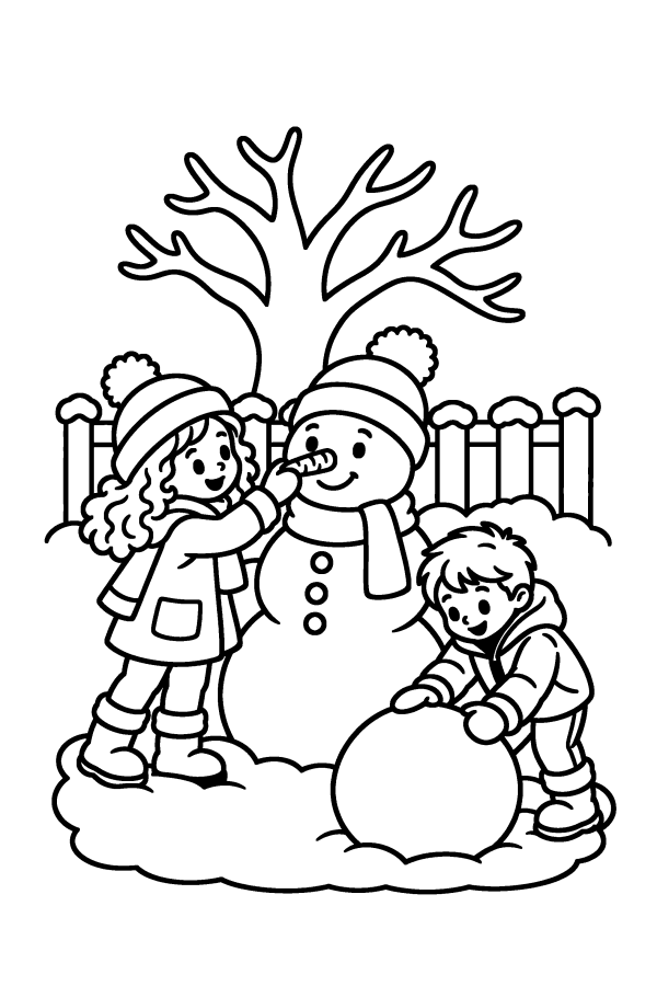 Coloriage de Noël : des enfants font un bonhomme de neige