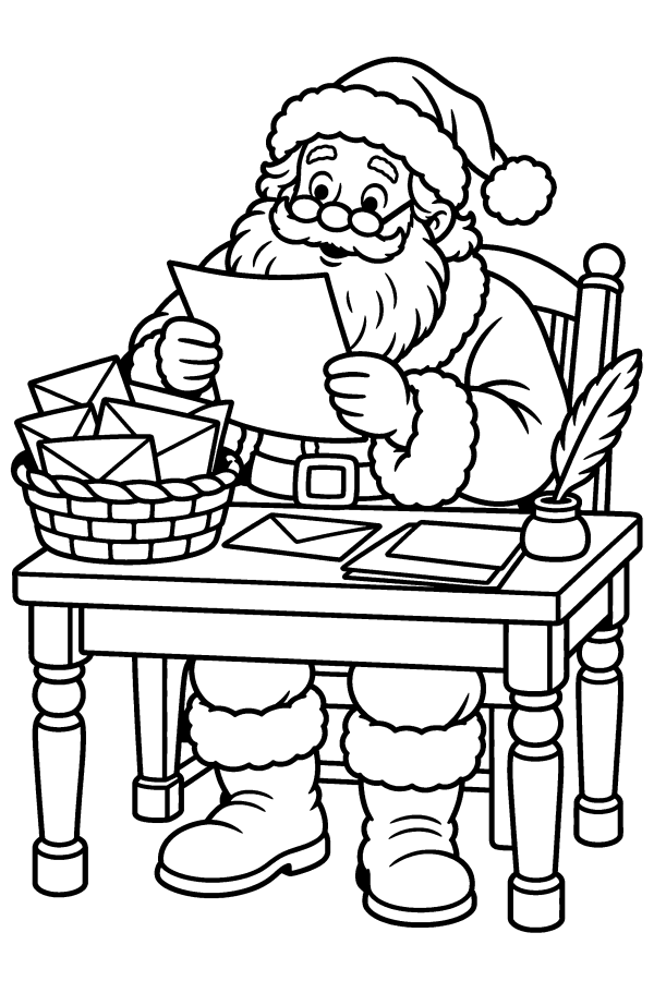 Coloriage de Noël : le Père Noël lit les lettres des enfants