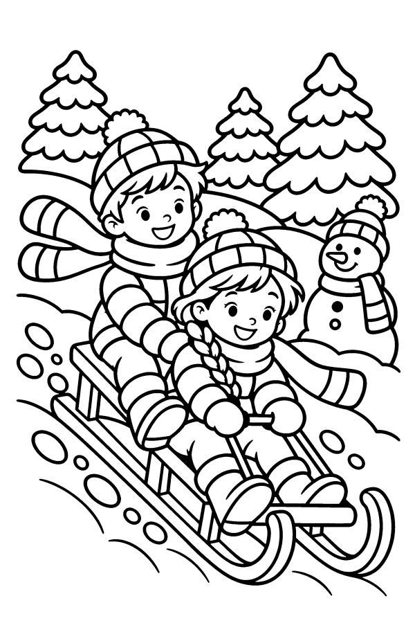 Coloriage de Noël : des enfants font de la luge