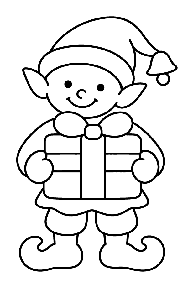 Coloriage de Noël facile : un lutin de Noël avec un cadeau