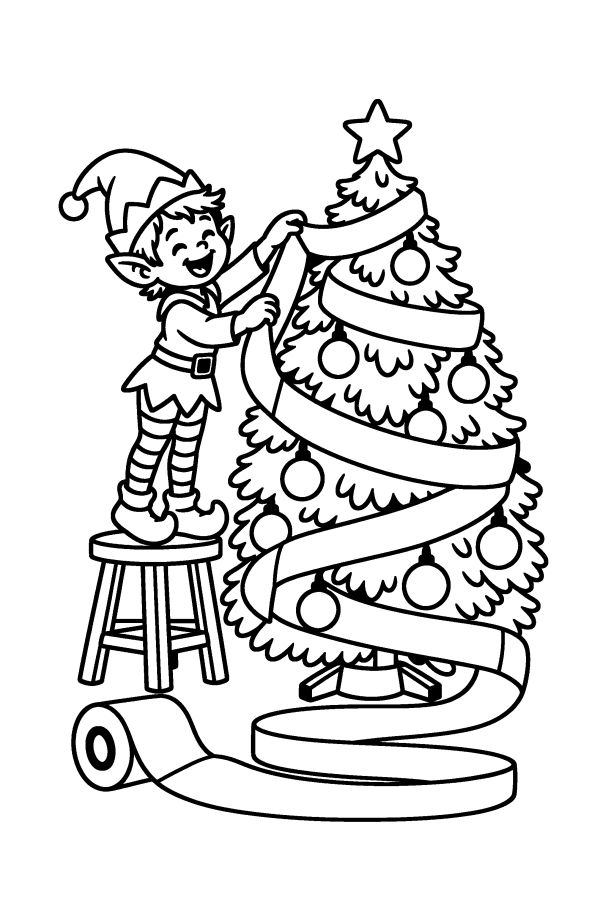 Coloriage de Noël : un lutin farceur entoure le sapin de papier toilette