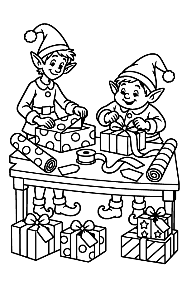 Coloriage de Noël : deux lutins emballent les cadeaux