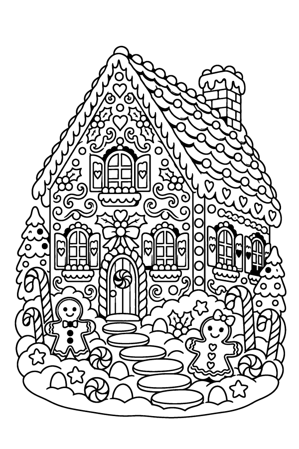 Coloriage de Noël difficile : une maison en pain d’épice
