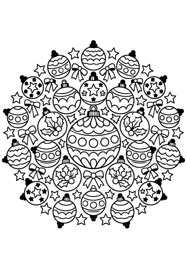 Coloriage de Noël difficile : un mandala de boules de Noël