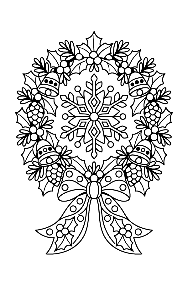 Coloriage de Noël difficile : un mandala en couronne de houx
