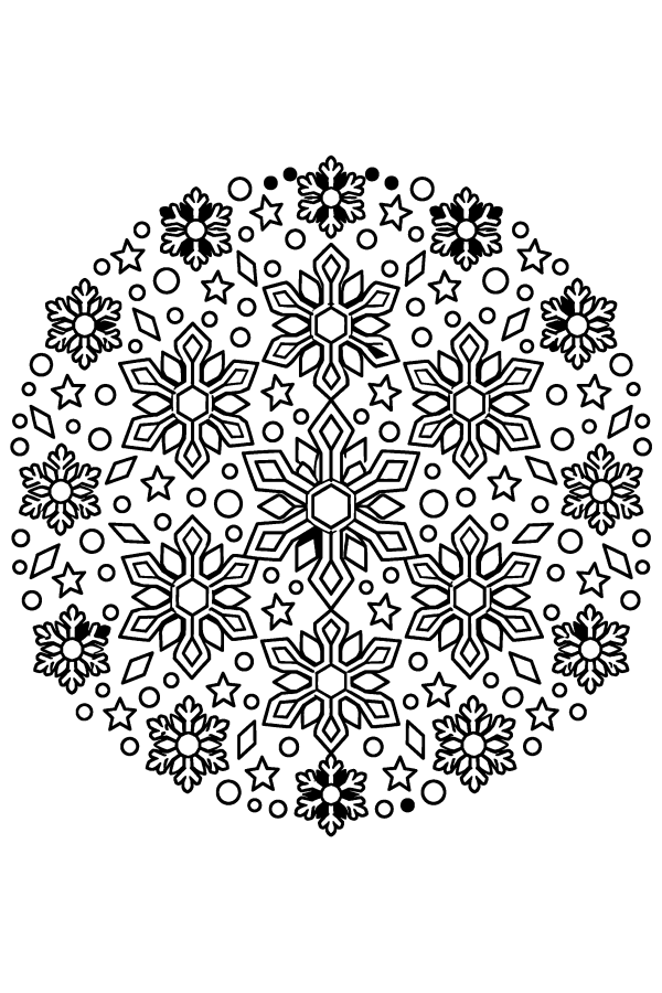 Coloriage de Noël difficile : un mandala de flocons de neige