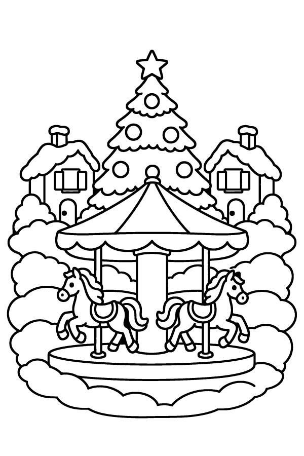 Coloriage de Noël : un manège sur la place du village