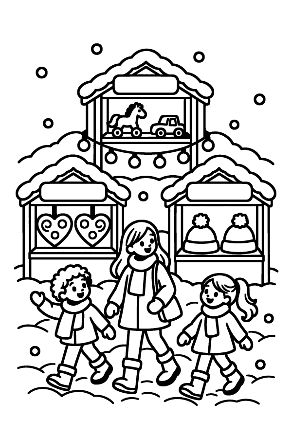 Coloriage de Noël : des chalets en bois au marché de Noël