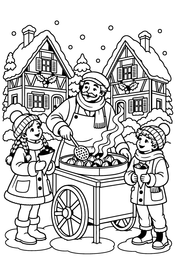 Coloriage de Noël difficile : le marchand de marrons chauds