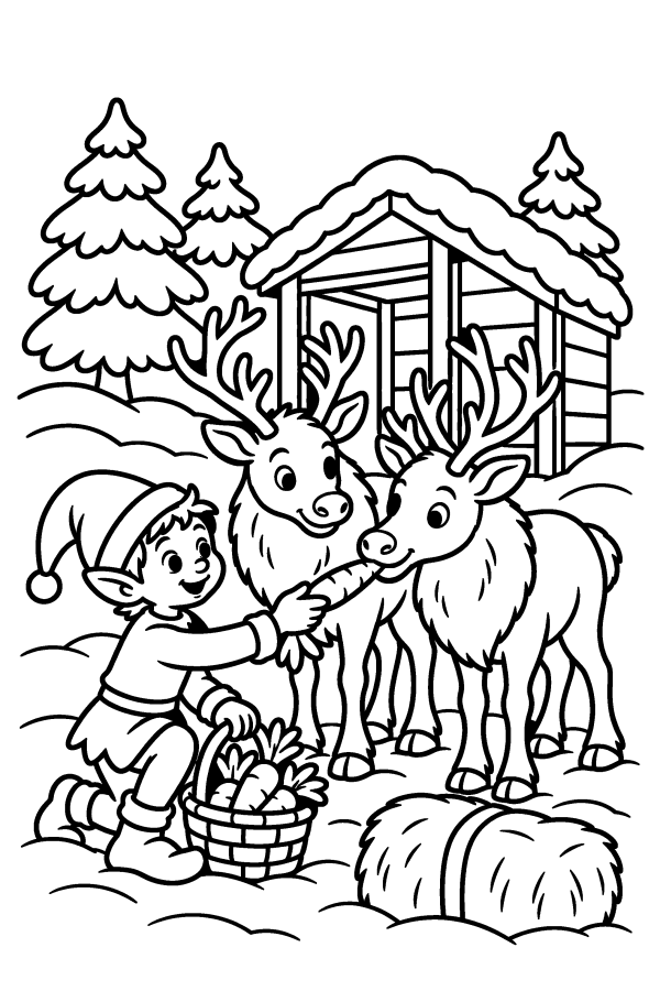 Coloriage de Noël : un lutin donne à manger aux rennes