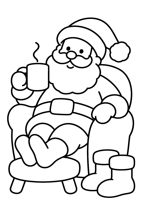 Coloriage de Noël facile : le Père Noël se repose dans son fauteuil