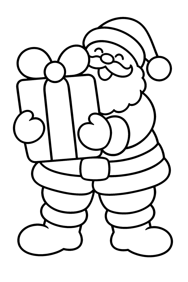 Coloriage de Noël facile : le Père Noël avec un gros cadeau