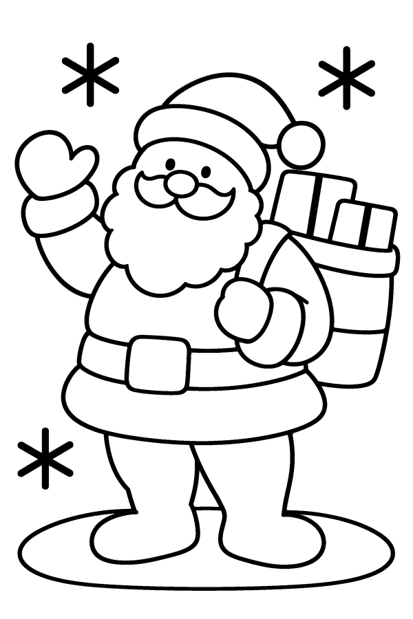 Coloriage de Noël facile : le Père Noël fait coucou avec sa hotte sur le dos