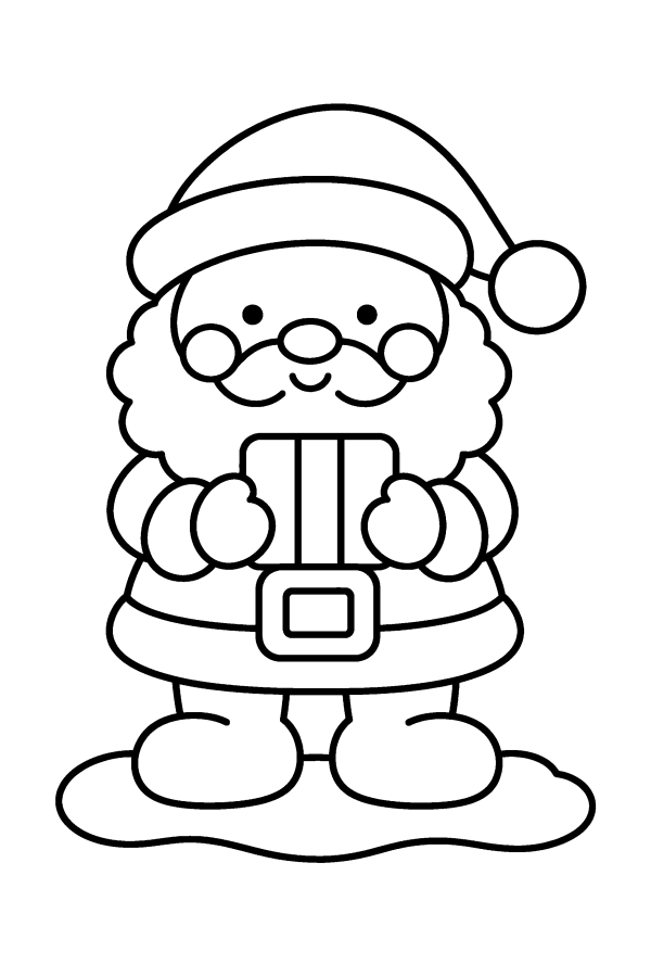 Coloriage de Noël facile : un petit Père Noël kawaii avec un cadeau